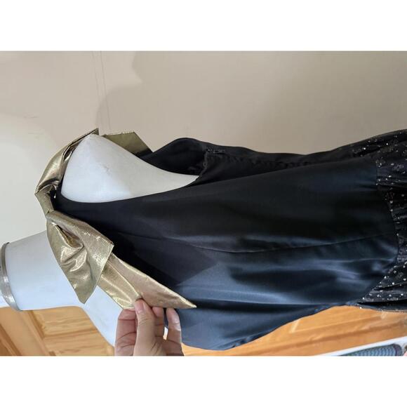 80s Trousers Up Vintage Elegant Black Dress  Gold Metallic Bow Shoulder Detail - Picture 4 of 11